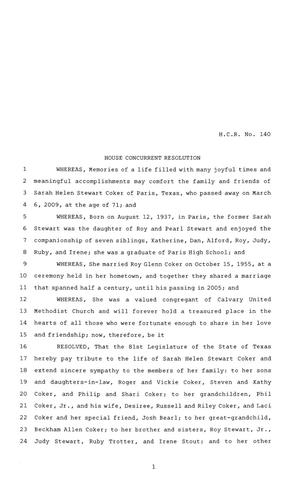 Primary view of object titled '81st Texas Legislature, House Concurrent Resolution, House Bill 140'.