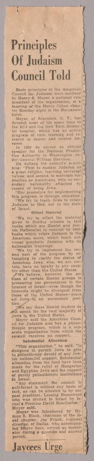 Primary view of object titled '[Clipping: Principles Of Judaism Council Told]'.