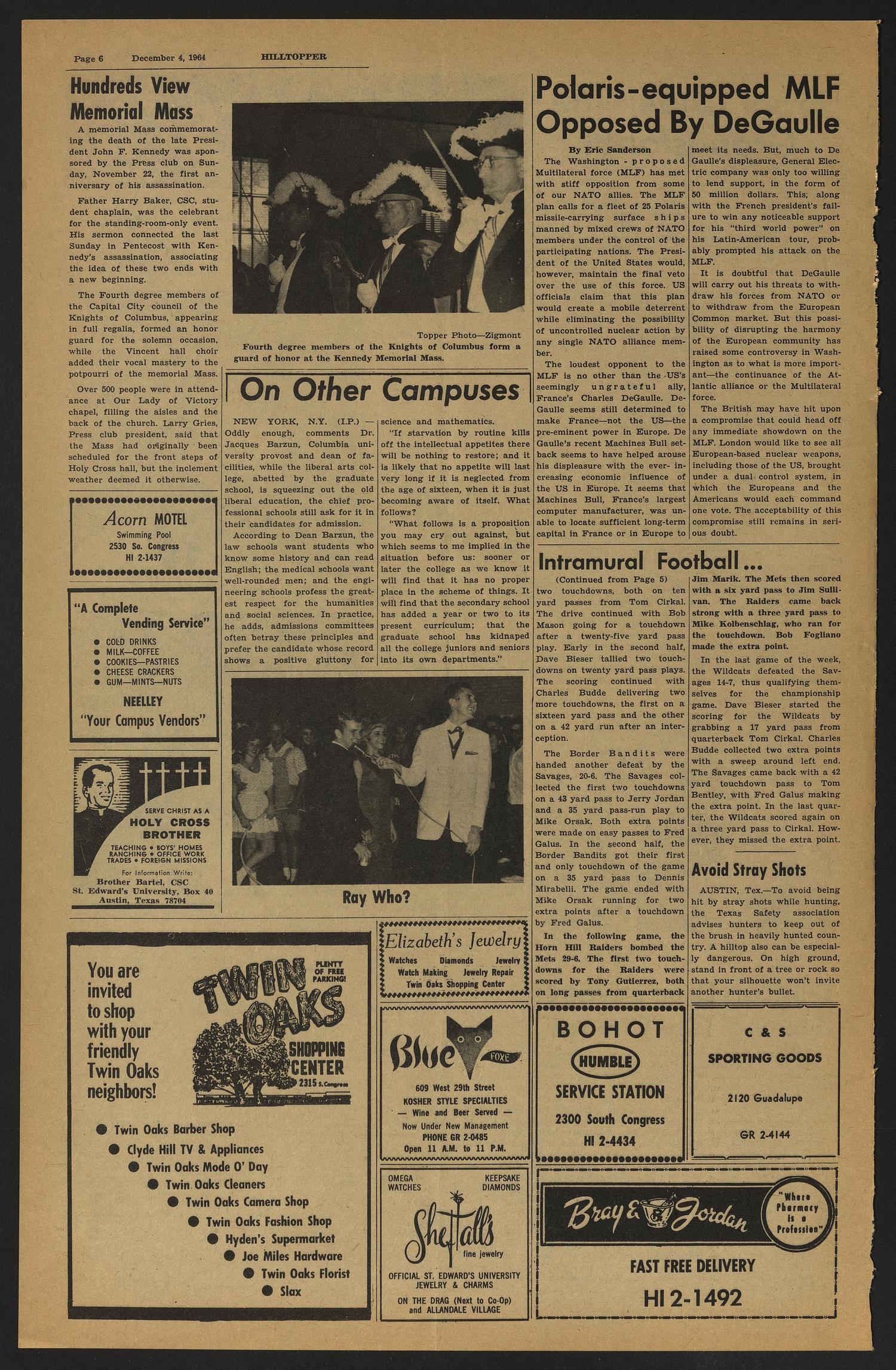 The Hilltopper (Austin, Tex.), Vol. 49, No. 11, Ed. 1 Friday, December 4, 1964
                                                
                                                    [Sequence #]: 6 of 6
                                                