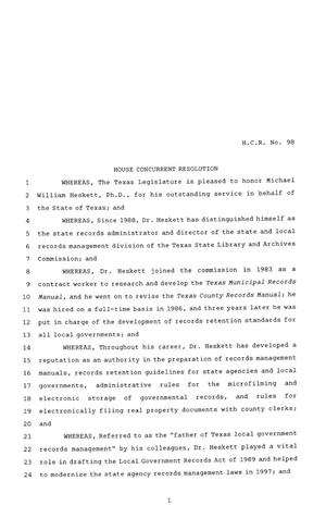 Primary view of object titled '81st Texas Legislature, House Concurrent Resolution, House Bill 98'.