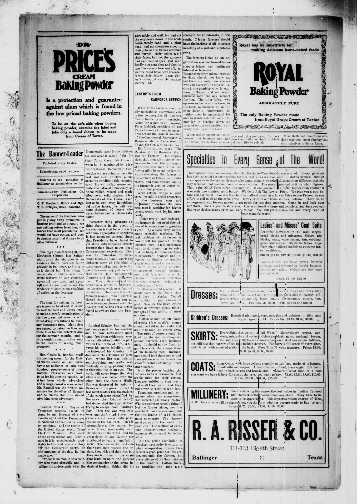 The Banner-Leader. (Ballinger, Tex.), Vol. 31, No. [5], Ed. 1 Friday, October 13, 1911
                                                
                                                    [Sequence #]: 4 of 10
                                                