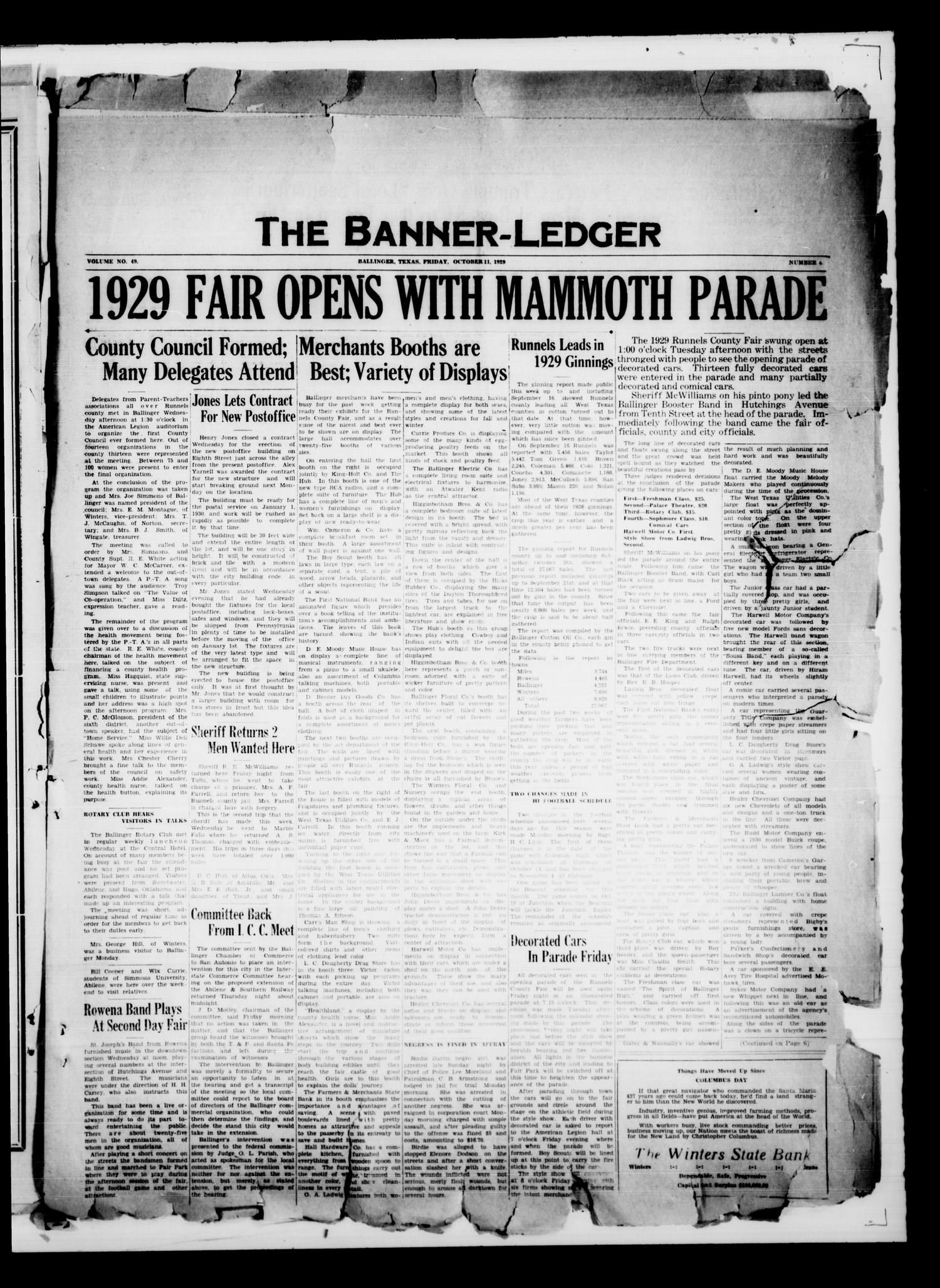 The Banner-Ledger (Ballinger, Tex.), Vol. 49, No. 4, Ed. 1 Friday, October 11, 1929
                                                
                                                    [Sequence #]: 1 of 6
                                                
