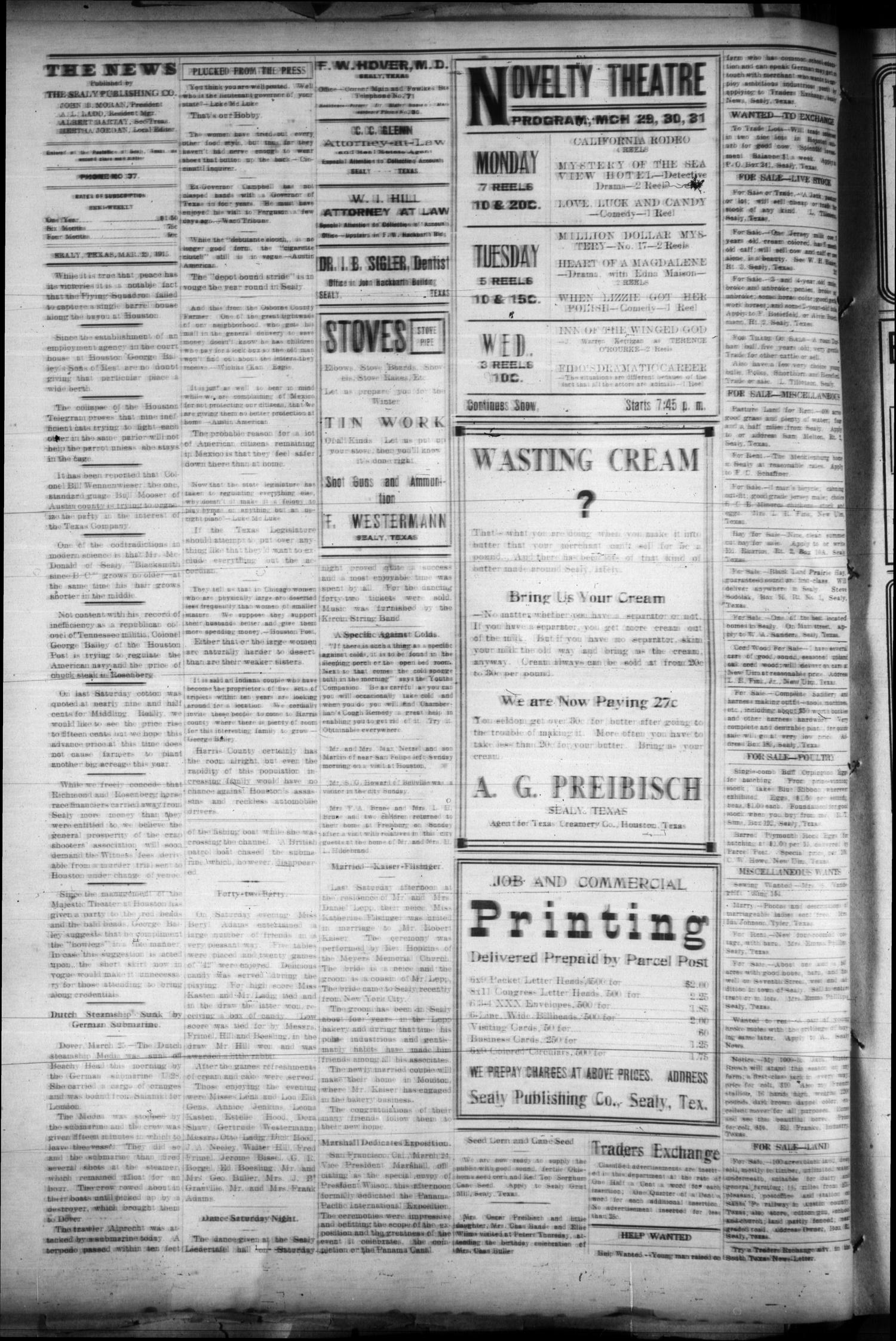 The Sealy Semi-Weekly News (Sealy, Tex.), Vol. 28, No. 44, Ed. 1 Monday, March 29, 1915
                                                
                                                    [Sequence #]: 2 of 4
                                                
