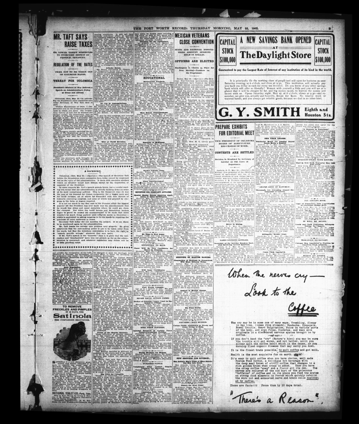 The Fort Worth Record and Register (Fort Worth, Tex.), Vol. 9, No. 222, Ed. 1 Thursday, May 25, 1905
                                                
                                                    [Sequence #]: 3 of 10
                                                