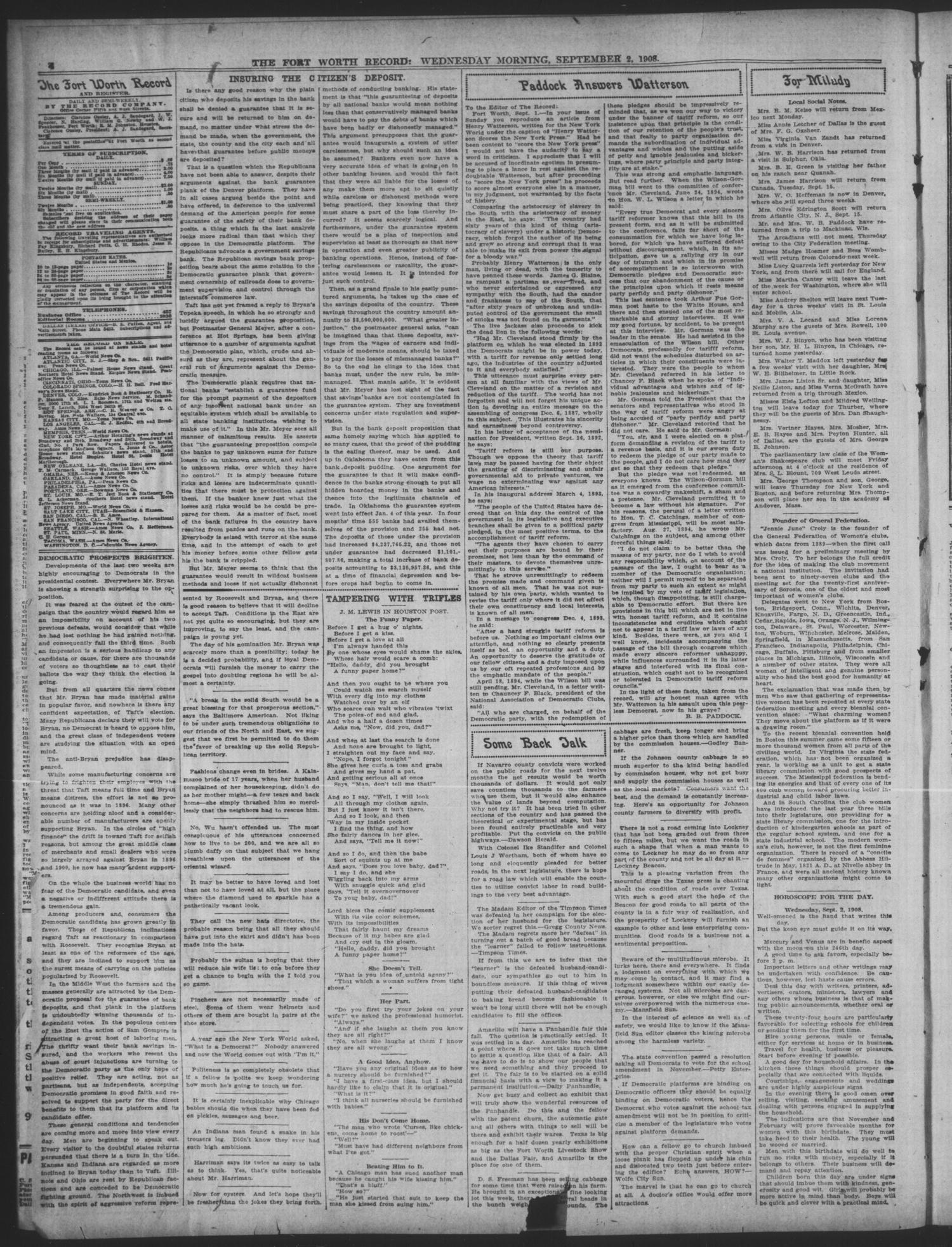 The Fort Worth Record and Register (Fort Worth, Tex.), Vol. 12, No. 322, Ed. 1 Wednesday, September 2, 1908
                                                
                                                    [Sequence #]: 4 of 10
                                                