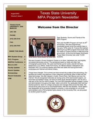Primary view of object titled 'Texas State University MPA Program Newsletter, Volume 3, Number 1, August 2012'.