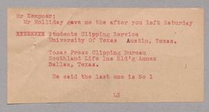 Primary view of object titled '[Note from LS to I. H. Kempner, September 1944]'.