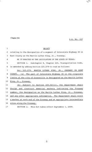 Primary view of object titled '81st Texas Legislature, Regular Session, Senate Bill 337, Chapter 204'.