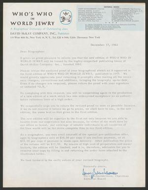 Primary view of object titled '[Letter from Who's Who in World Jewry, December 17, 1962]'.