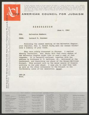 Primary view of object titled 'Letter from Leonard R. Sussman to Galveston Members of the American Council for Judaism, June 4, 1962'.