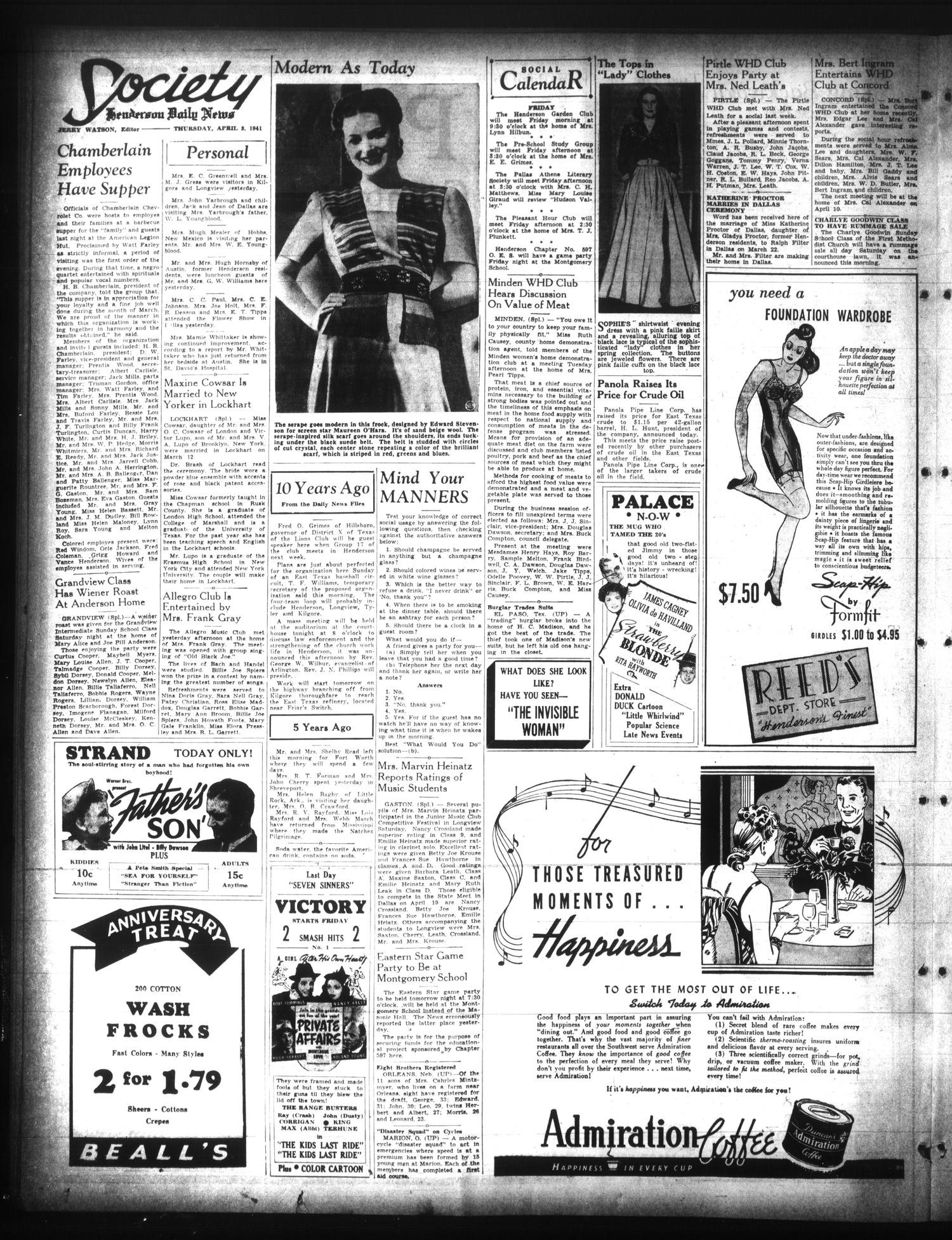 Henderson Daily News (Henderson, Tex.), Vol. 11, No. 13, Ed. 1 Thursday, April 3, 1941
                                                
                                                    [Sequence #]: 6 of 14
                                                