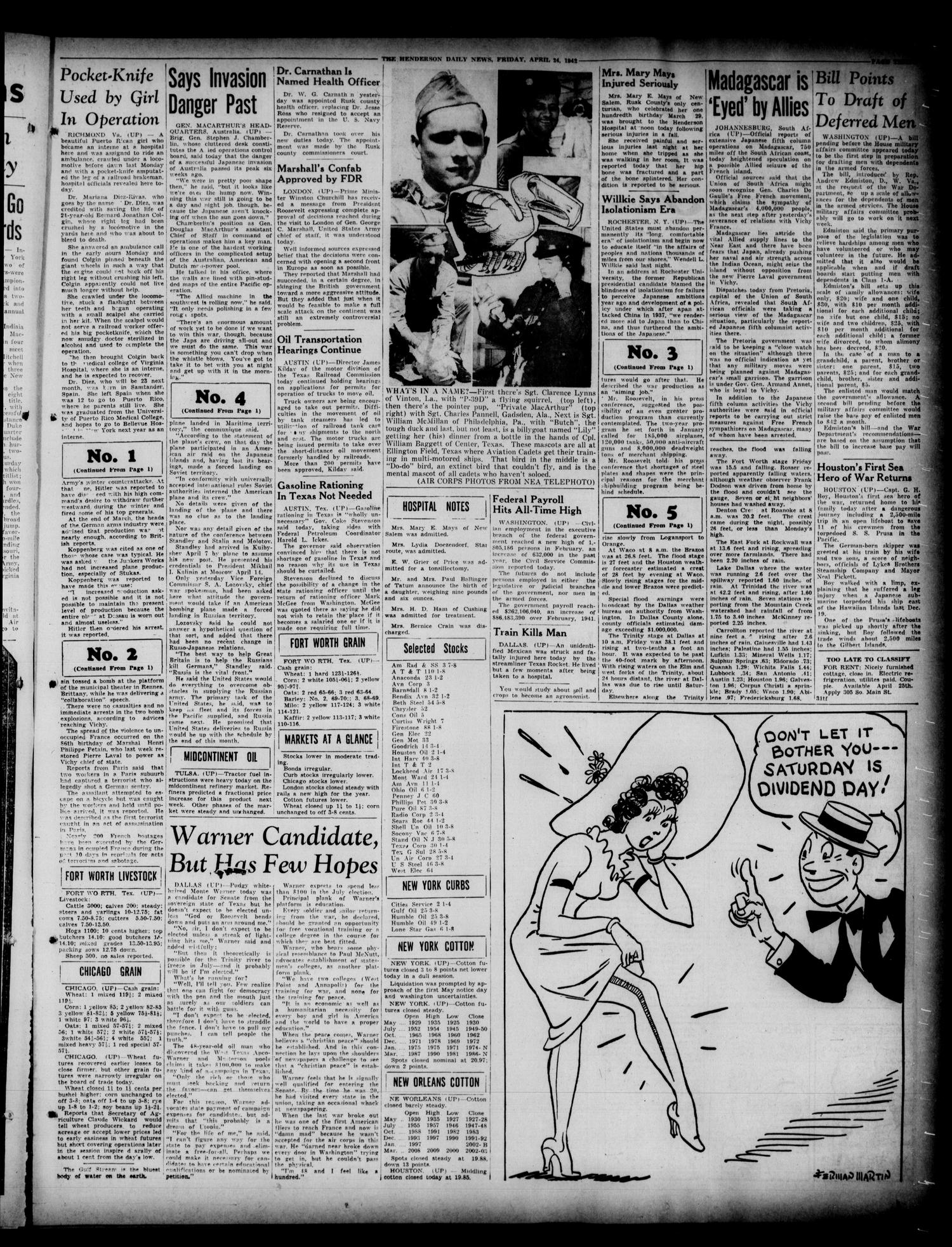 Henderson Daily News (Henderson, Tex.), Vol. 12, No. 31, Ed. 1 Friday, April 24, 1942
                                                
                                                    [Sequence #]: 3 of 8
                                                