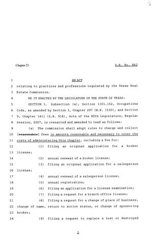 Primary view of object titled '81st Texas Legislature, Senate Bill 862, Chapter 23'.