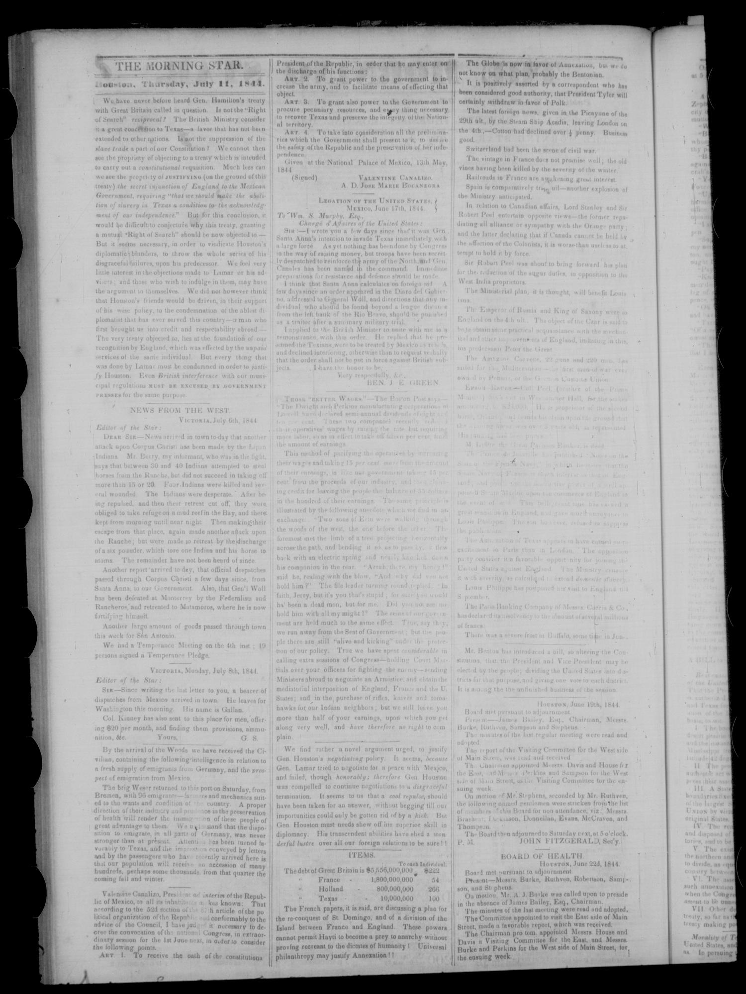 The Morning Star. (Houston, Tex.), Vol. 6, No. 680, Ed. 1 Thursday, July 11, 1844
                                                
                                                    [Sequence #]: 2 of 4
                                                