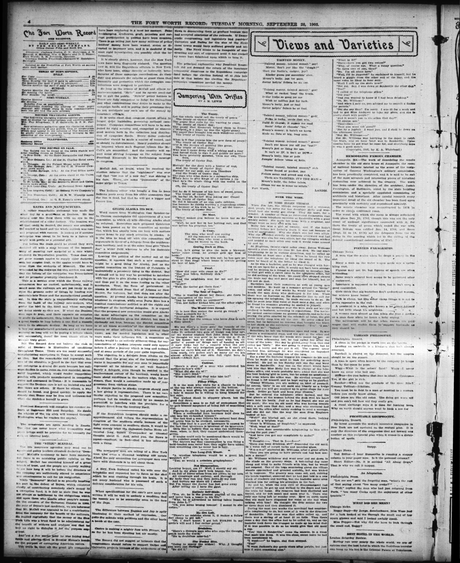 The Fort Worth Record and Register (Fort Worth, Tex.), Vol. 9, No. 346, Ed. 1 Tuesday, September 26, 1905
                                                
                                                    [Sequence #]: 4 of 10
                                                