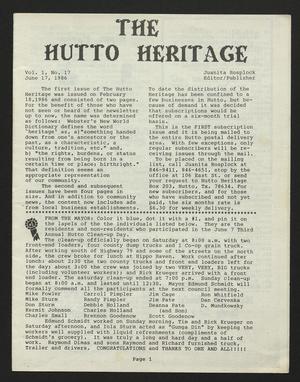 Primary view of object titled 'The Hutto Heritage (Hutto, Tex.), Vol. 1, No. 17, Ed. 1 Tuesday, June 17, 1986'.