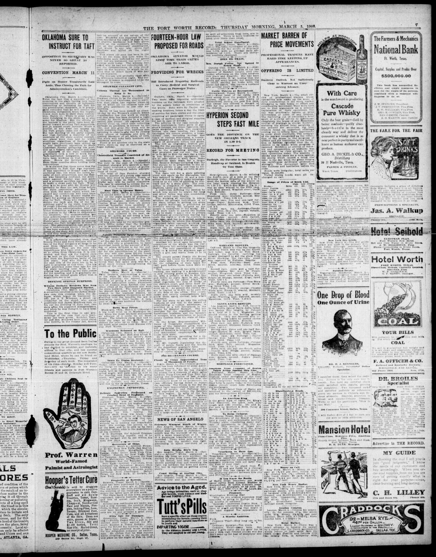 The Fort Worth Record and Register (Fort Worth, Tex.), Vol. 12, No. 141, Ed. 1 Thursday, March 5, 1908
                                                
                                                    [Sequence #]: 7 of 10
                                                