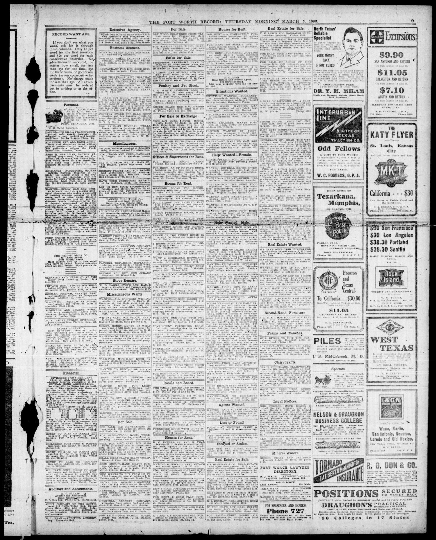 The Fort Worth Record and Register (Fort Worth, Tex.), Vol. 12, No. 141, Ed. 1 Thursday, March 5, 1908
                                                
                                                    [Sequence #]: 9 of 10
                                                