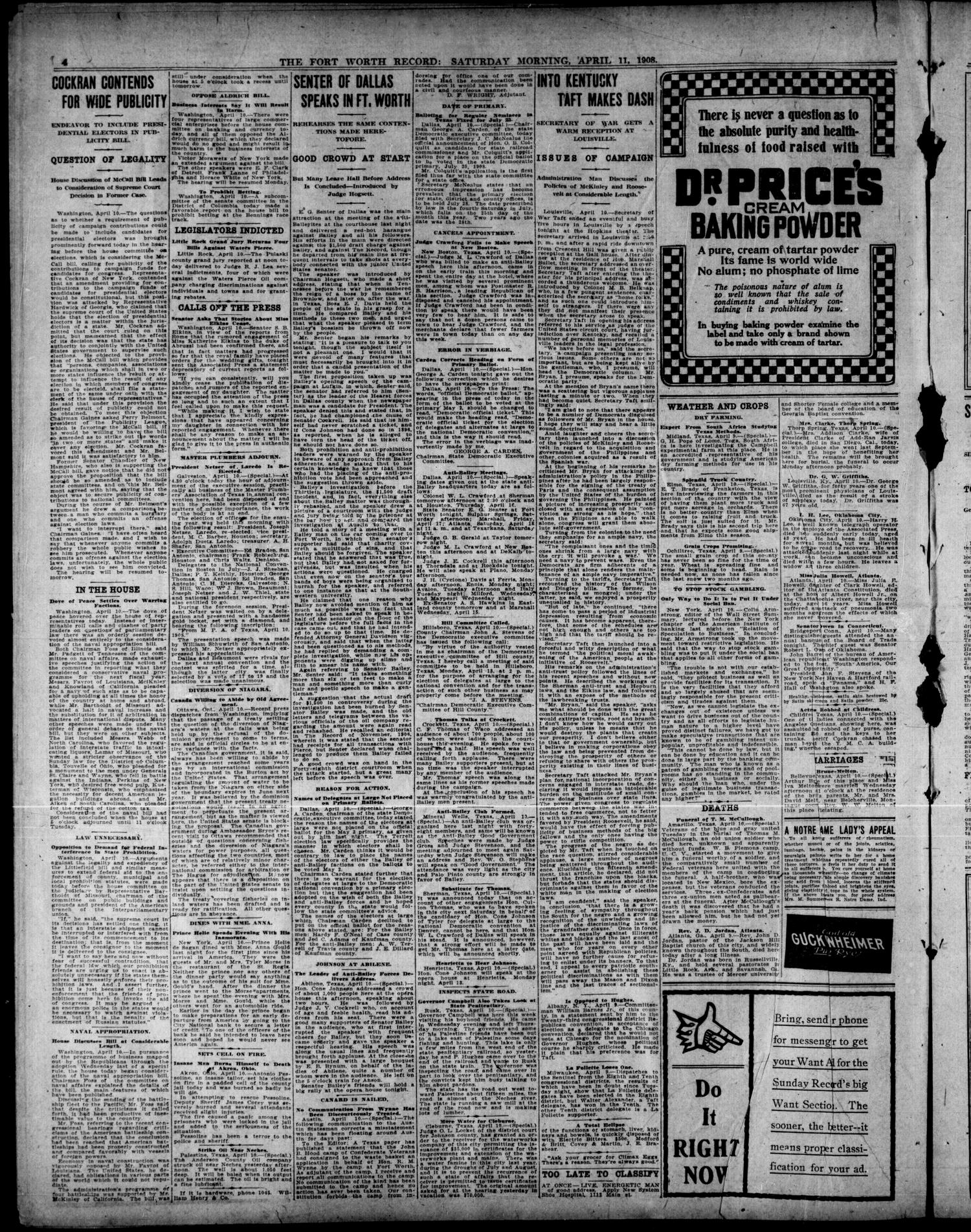 The Fort Worth Record and Register (Fort Worth, Tex.), Vol. 12, No. 178, Ed. 1 Saturday, April 11, 1908
                                                
                                                    [Sequence #]: 4 of 12
                                                