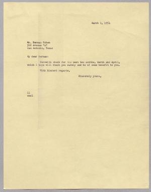Primary view of object titled '[Letter from I. H. Kempner to Herman Cohen, March 1, 1954]'.