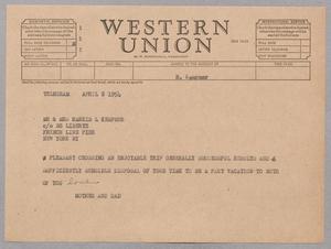 Primary view of object titled '[Telegram from I. H. and Henrietta Kempner to Harris L. and Ruth Kempner, April 8, 1954]'.