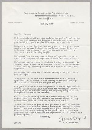 Primary view of object titled '[Letter from Lincoln Educational Foundation, Inc. to I. H. Kempner, July 12, 1954]'.