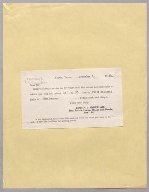 Primary view of object titled '[Postal Card from Edwin I. McKellar, December 6, 1954]'.
