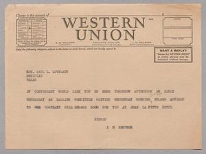 Primary view of object titled '[Telegram from I. H. Kempner to Karl L. Lovelady]'.