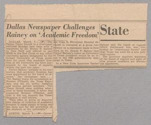 Primary view of object titled '[Clipping: Dallas Newspaper Challenges Rainey on 'Academic Freedom']'.