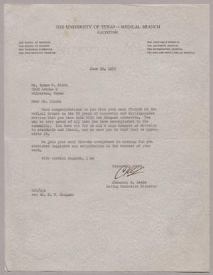 Primary view of object titled '[Letter from Chauncey D. Leake to Mr. Hyman S. Block, June 30, 1955]'.