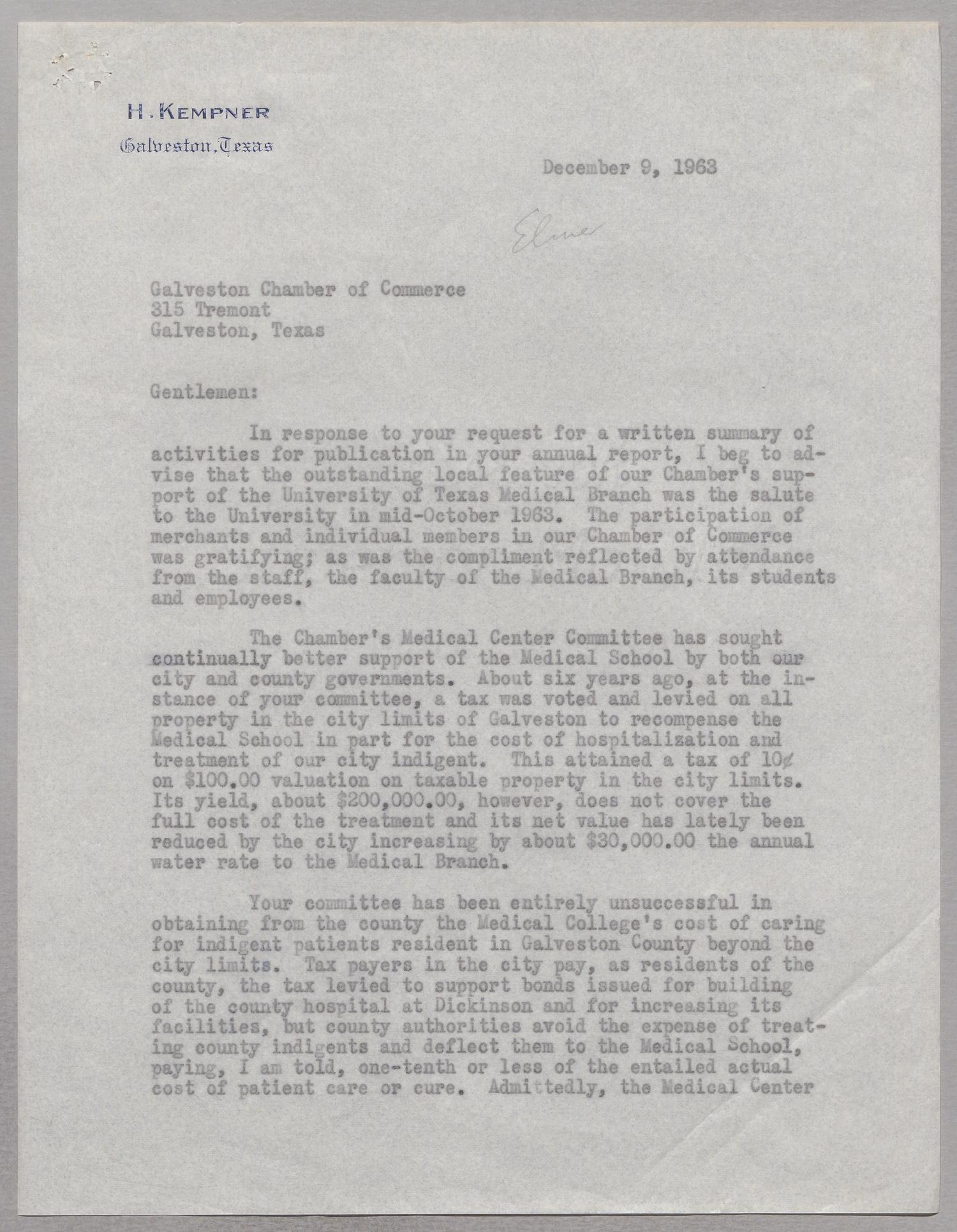 [Two copies of a Letter from I. H. Kempner to Galveston Chamber of Commerce, December 9, 1963]
                                                
                                                    [Sequence #]: 5 of 8
                                                