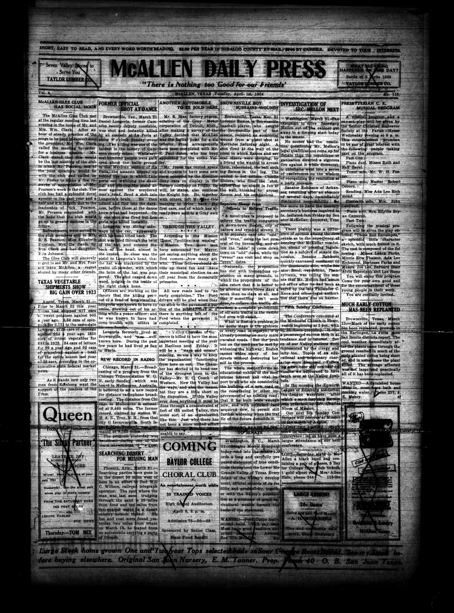 McAllen Daily Press (McAllen, Tex.), Vol. 4, No. 113, Ed. 1 Tuesday, April 1, 1924
                                                
                                                    [Sequence #]: 1 of 4
                                                