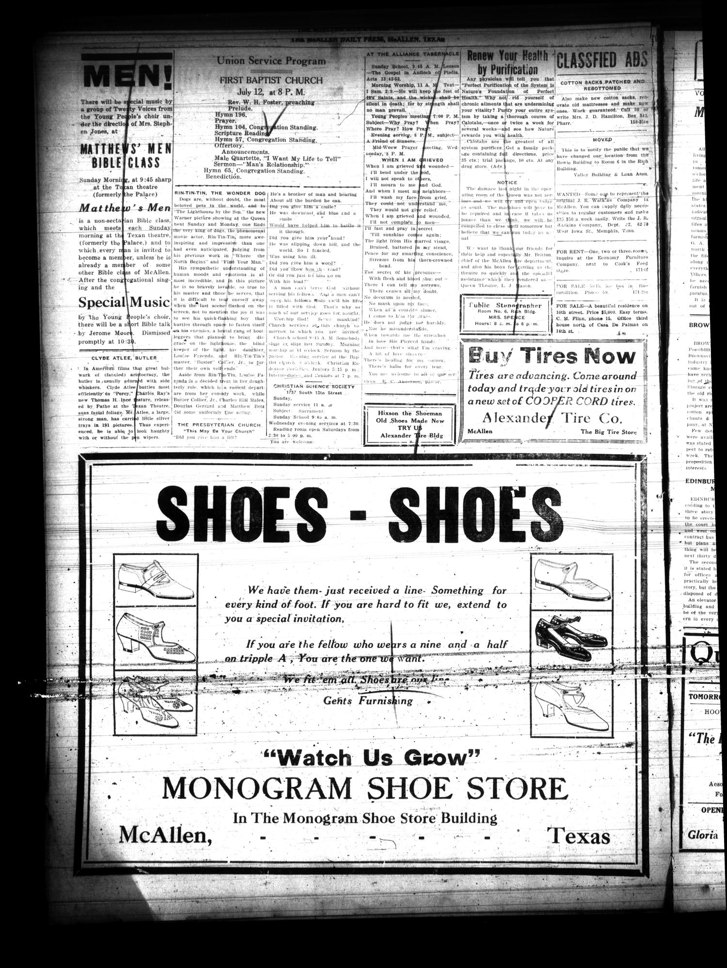 McAllen Daily Press (McAllen, Tex.), Vol. 5, No. 173, Ed. 1 Saturday, July 11, 1925
                                                
                                                    [Sequence #]: 4 of 4
                                                