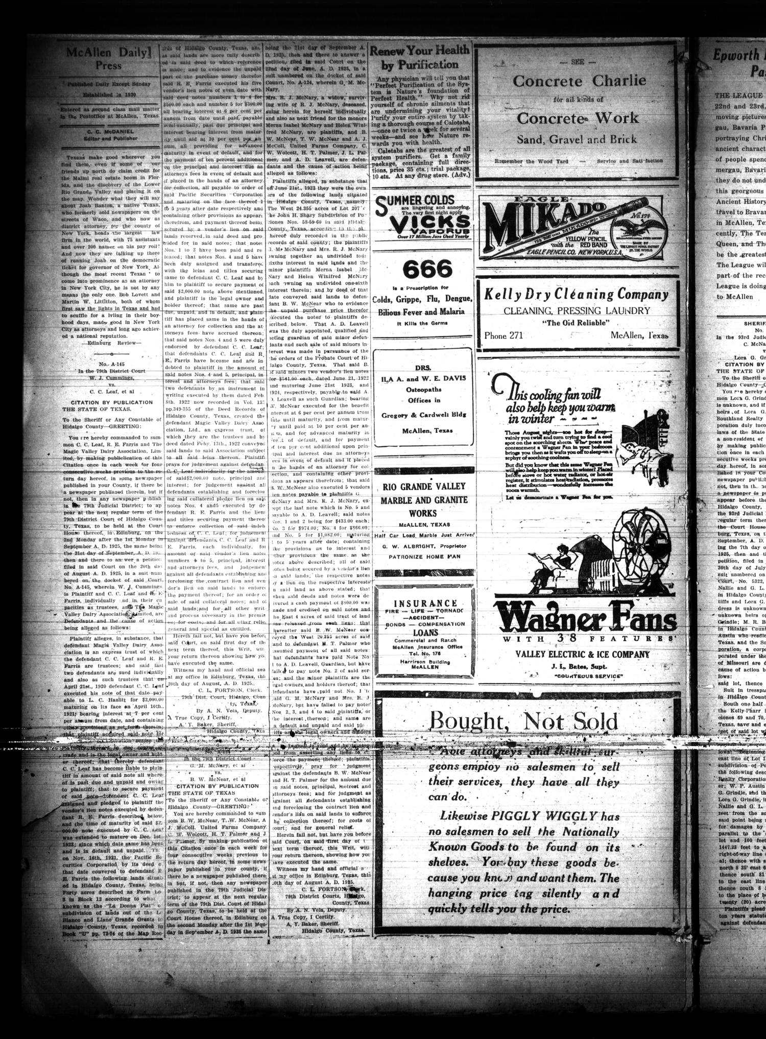 McAllen Daily Press (McAllen, Tex.), Vol. 5, No. 228, Ed. 1 Tuesday, September 15, 1925
                                                
                                                    [Sequence #]: 4 of 8
                                                