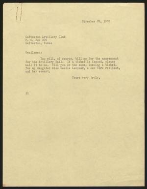 Primary view of object titled '[Letter from Isaac H. Kempner to the Galveston Artillery Club, November 23, 1962]'.