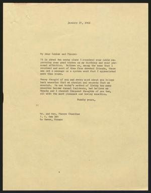 Primary view of object titled '[Letter from Isaac H. Kempner to Sabine and Pierre Chardine, January 27, 1962]'.