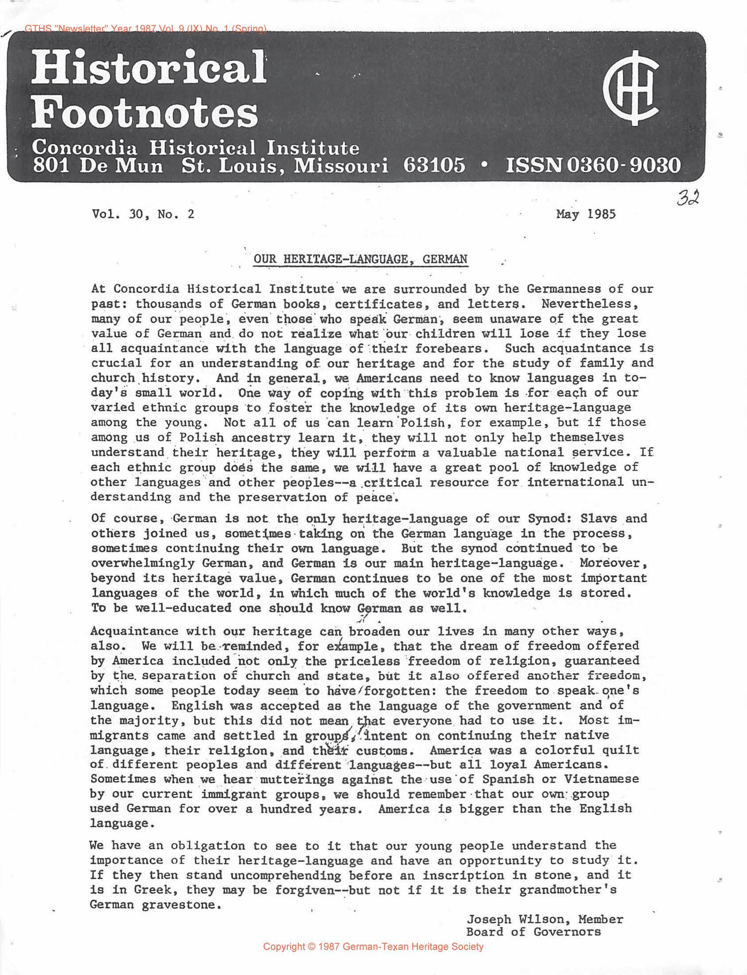 German-Texan Heritage Society Newsletter, Volume 9, Number 1, Spring 1987
                                                
                                                    32
                                                