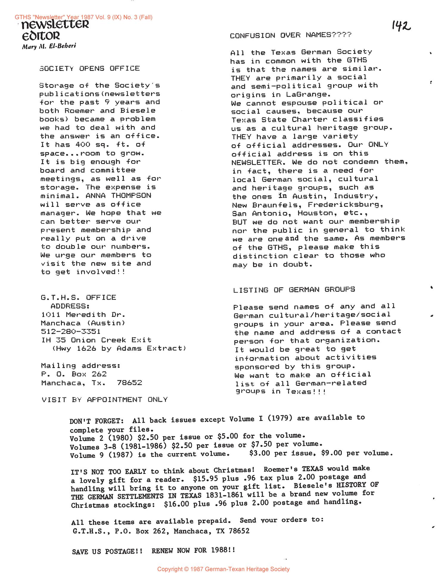 German-Texan Heritage Society Newsletter, Volume 9, Number 3, Fall 1987
                                                
                                                    142
                                                