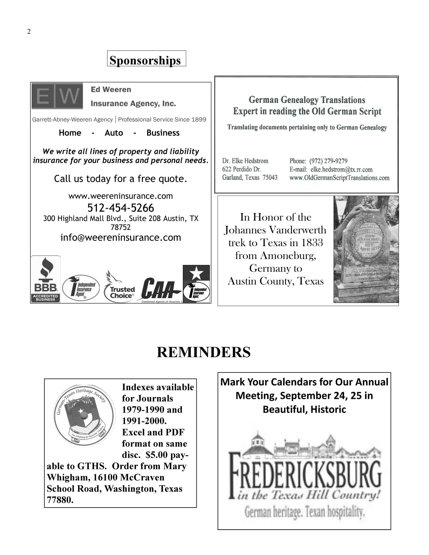 German-Texan Heritage Society, The Journal, Volume 32, Number 2, Summer 2010
                                                
                                                    2
                                                