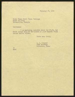 Primary view of object titled '[Letter from Isaac Herbert Kempner to Dixie Paper Shell Pecan Exchange, November 27, 1962]'.