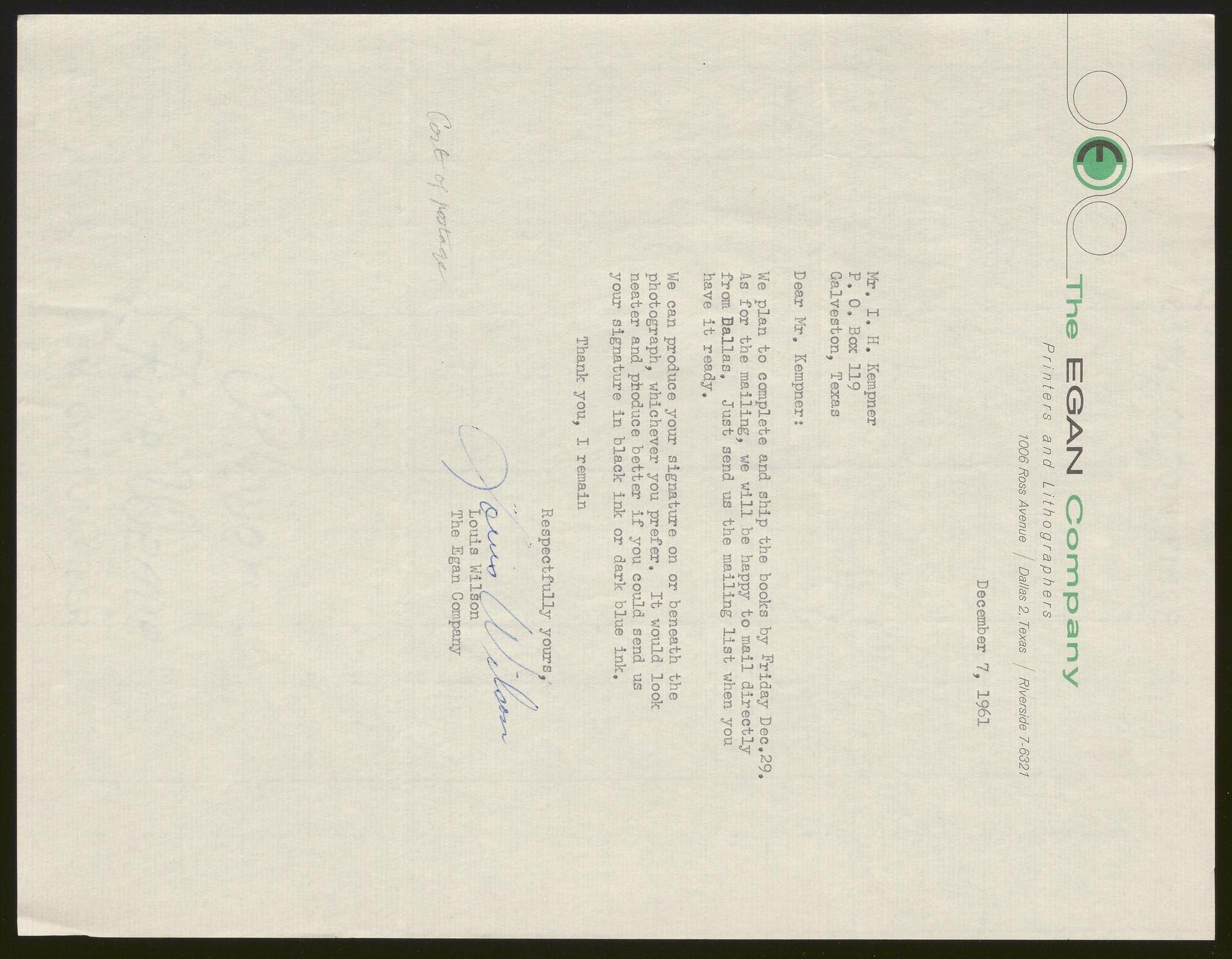 [Letter from Louis Wilson to Isaac H. Kempner, December 7, 1961]
                                                
                                                    [Sequence #]: 1 of 2
                                                