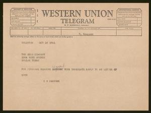 Primary view of object titled '[Telegram from Isaac H. Kempner to The Egan Company, October 25, 1961]'.