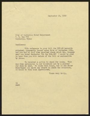 Primary view of object titled '[Letter from Isaac H. Kempner to the Galveston Water Department, September 19, 1962]'.