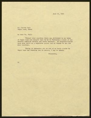 Primary view of object titled '[Letter from Isaac H. Kempner to Curtis Hall, June 21, 1962]'.