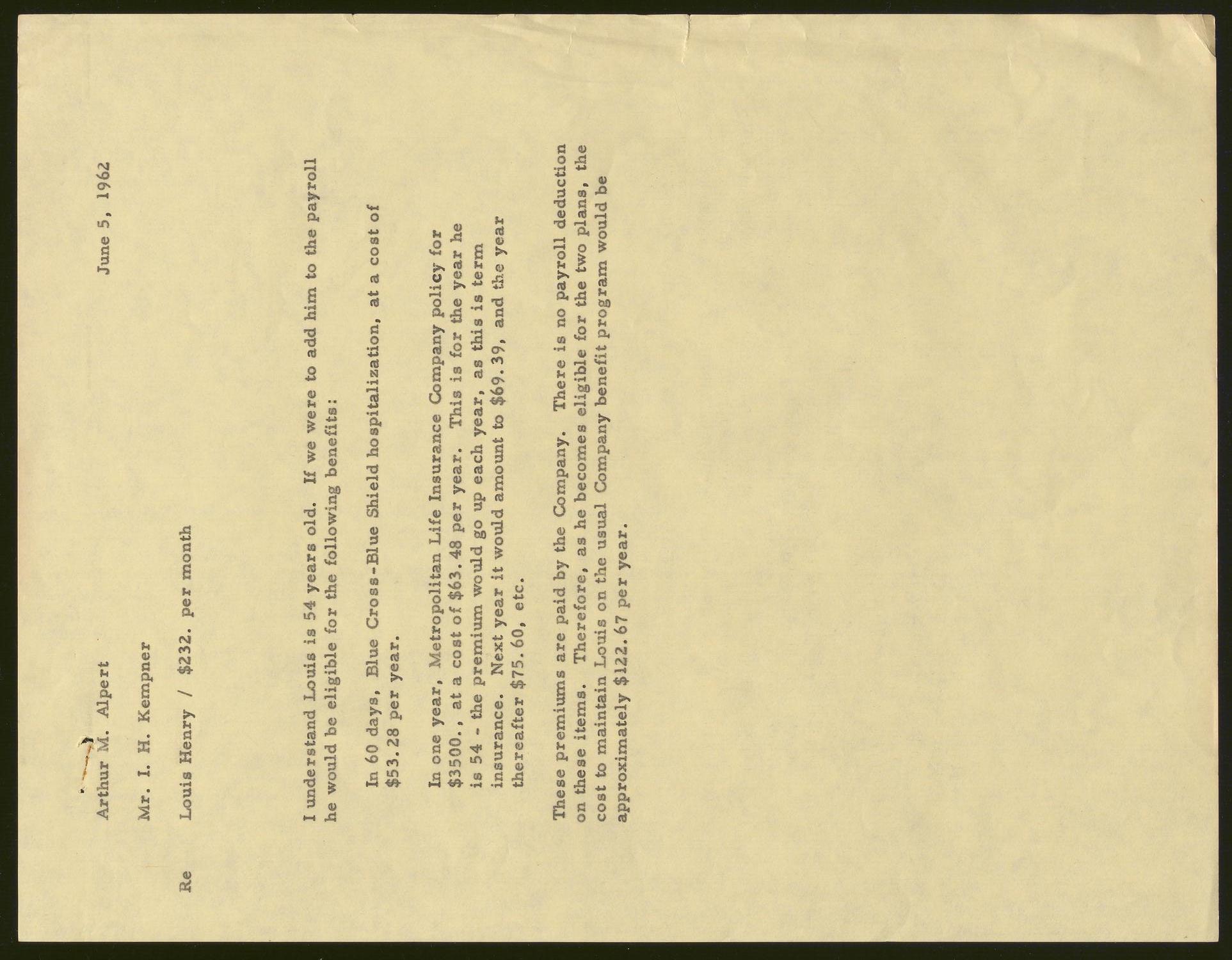 [Letter from I. H. Kempner to Arthur M. Alpert, June 5, 1962]
                                                
                                                    [Sequence #]: 1 of 2
                                                