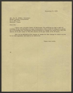Primary view of object titled '[Letter from I. H. Kempner to Mr. M. E. Miller, December 8, 1956]'.