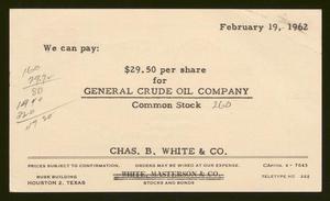 Primary view of object titled '[Postal Card from Chas B. White & Co. to Isaac Herbert Kempner, February 19, 1962]'.