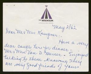 Primary view of object titled '[Letter from Leonard Morris and Ann Miller to Mr. and Mrs. I. H. Kempner, May 2, 1962]'.