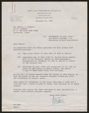 Primary view of object titled '[Letter from Adrian F. Levy to Mr. Harris L. Kempner, December 21, 1966]'.