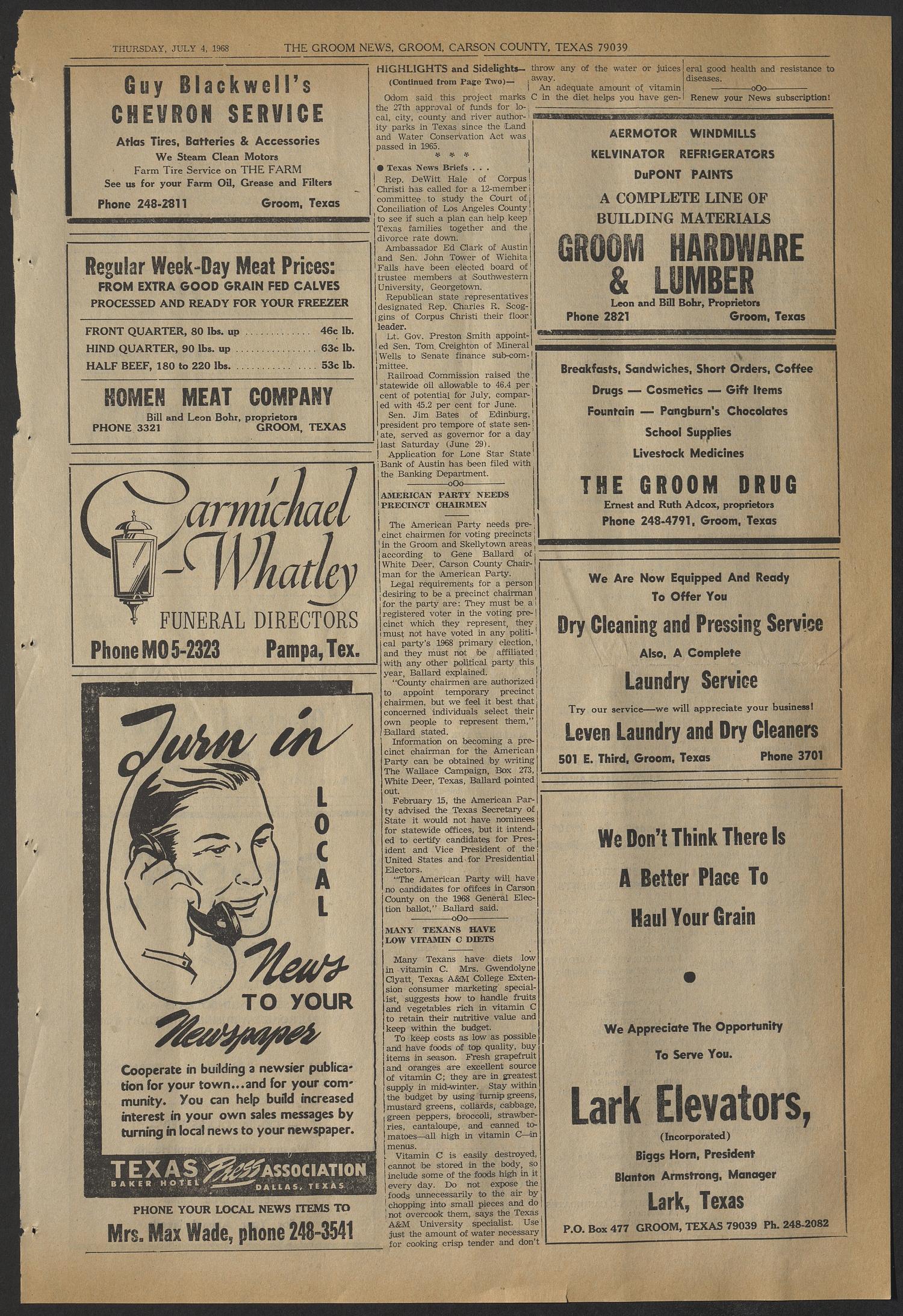 The Groom News (Groom, Tex.), Vol. 43, No. 18, Ed. 1 Thursday, July 4, 1968
                                                
                                                    [Sequence #]: 3 of 8
                                                